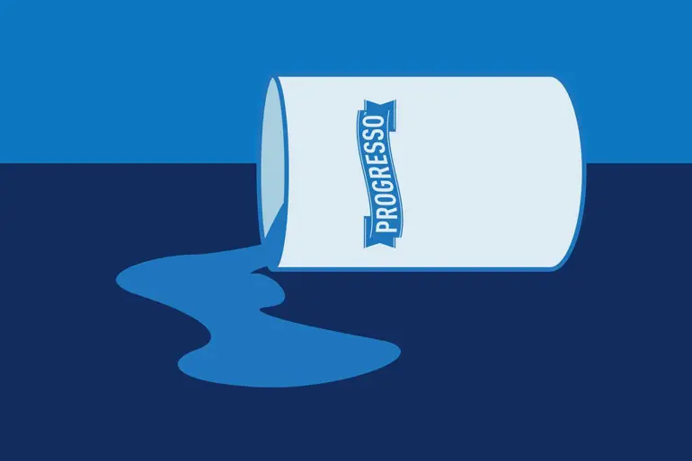 Graphic of spilled can of Progresso soup on blue background.